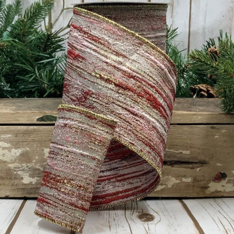 4" x 10yds jacquard gold metallic splash dark red