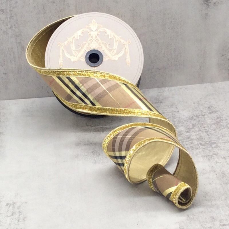 2.5“ x 10yds dupion diagonal stripe plaid gold edge, brown gold black