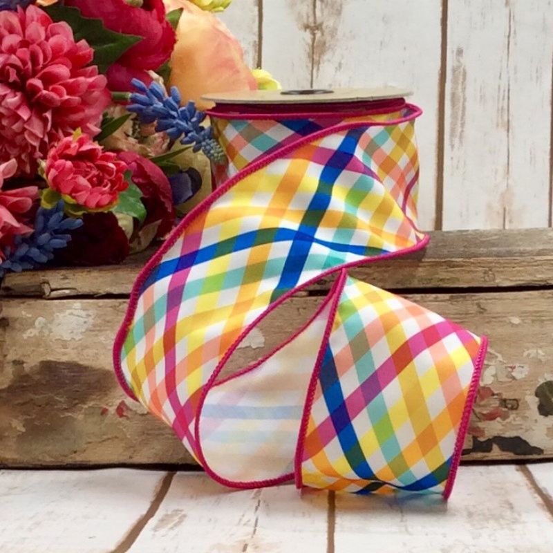 2.5"x10 yds poplin spring plaid bias cut, yellow blue pink