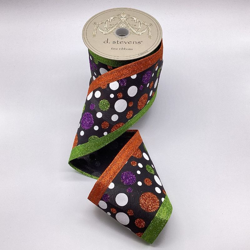 4" x10yds poplin glitter polka dots orange lime glitter edge, black