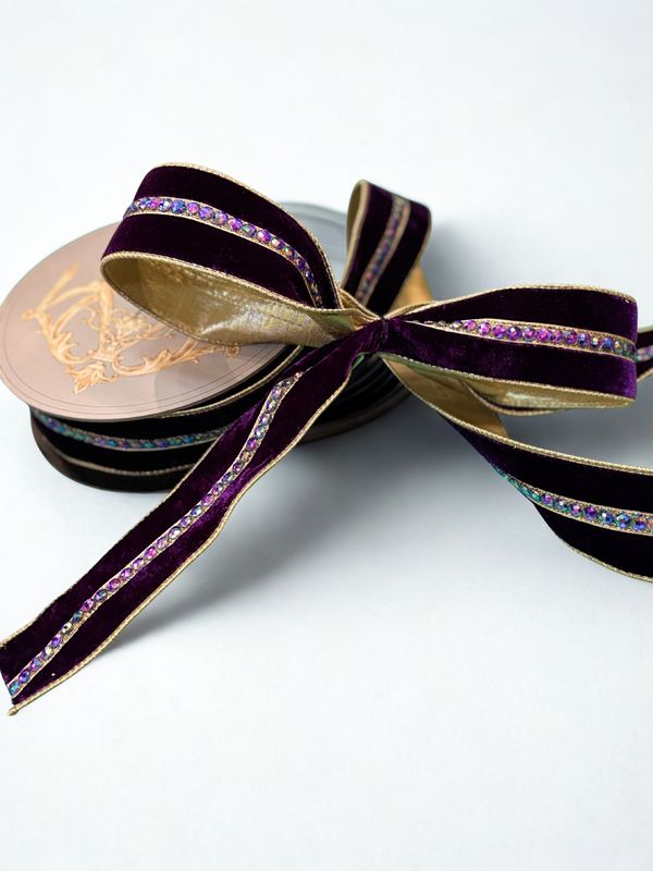 2.5"x10y velvet matching jewel center trim gold back, aubergine