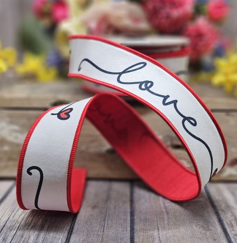 1.5" x 10yds dupion cursive love red heart, white