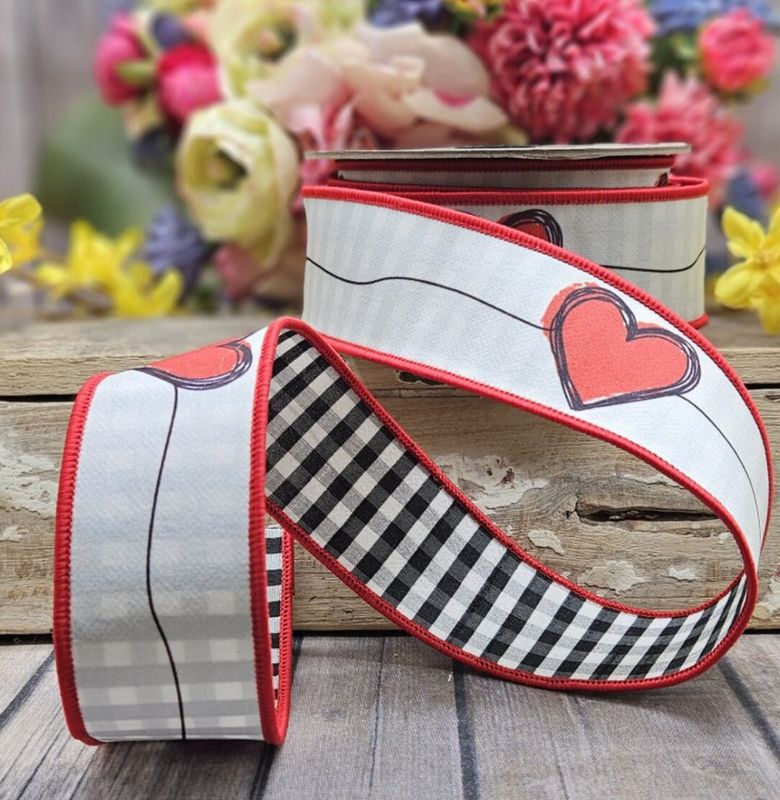 1.5" x 10yds dupion connecting red heart check back, white