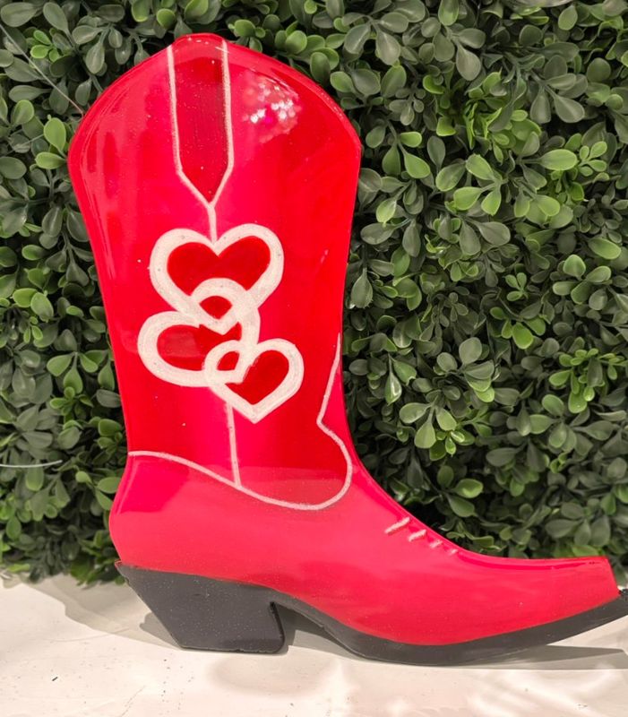 13" Boot Decor Hanger - 3 Hearts on Red Boot