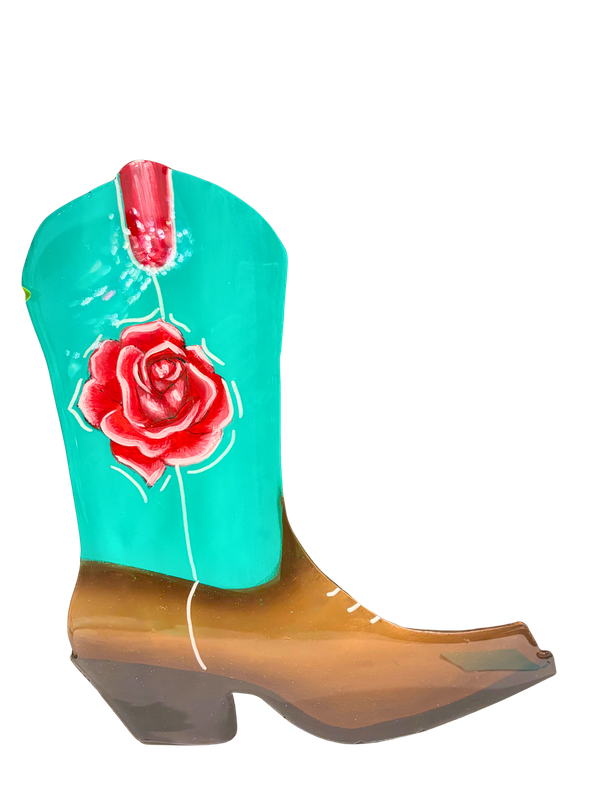 13" Red Rose on a Turquoise Mini Boot