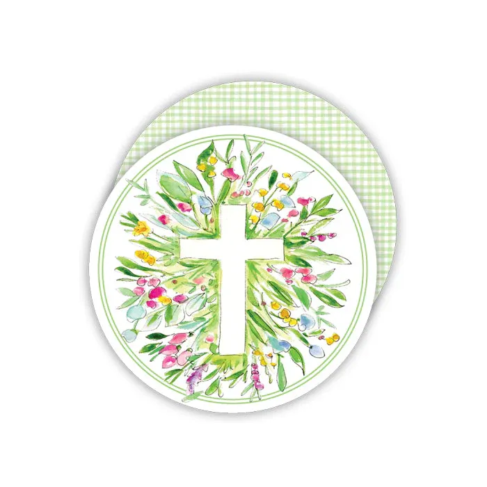 Easter Cross in Spring Florals and Greenery Round Coaster