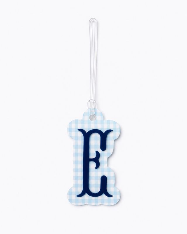 "E" Blue Gingham Initial Bag Tag