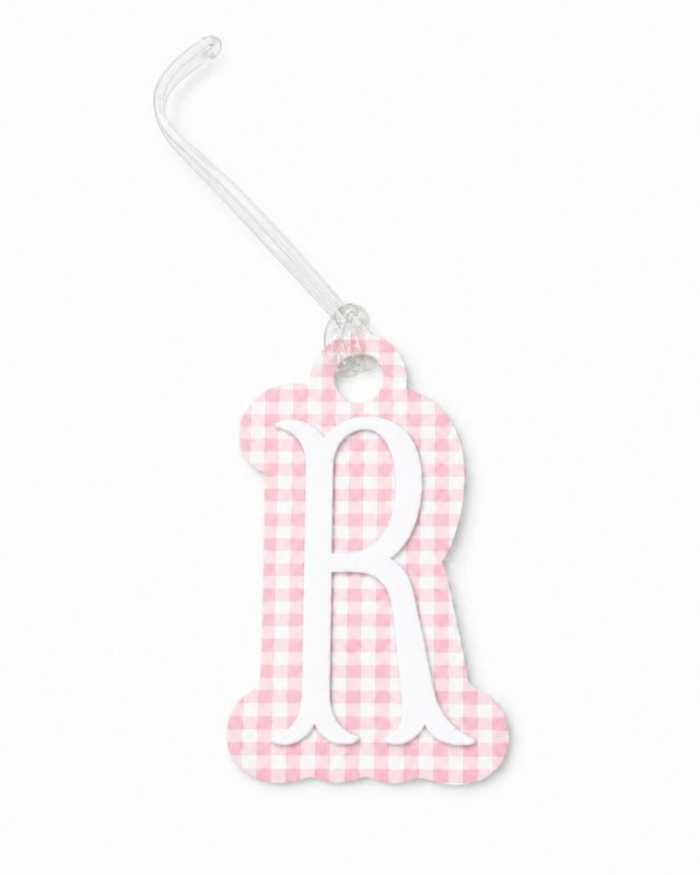 "R" Pink Gingham Initial Bag Tag