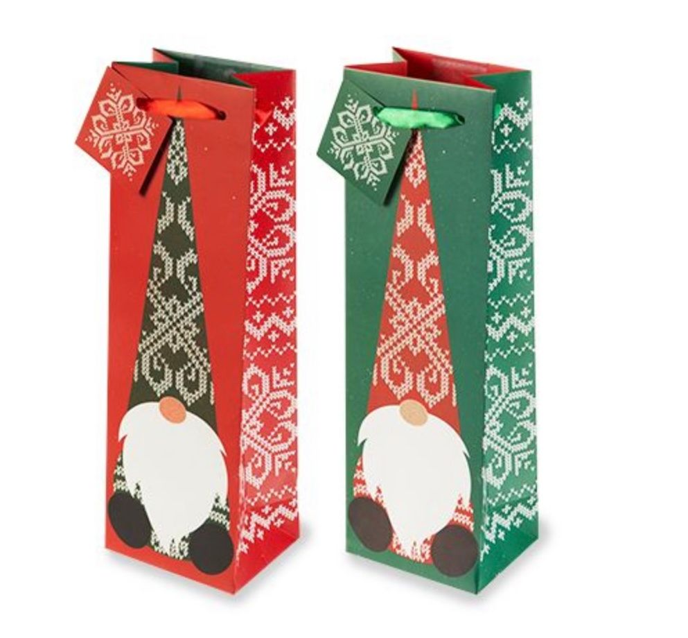 ASSORTED HOLIDAY GNOME SINGLE BOTTLE GIFT BAG