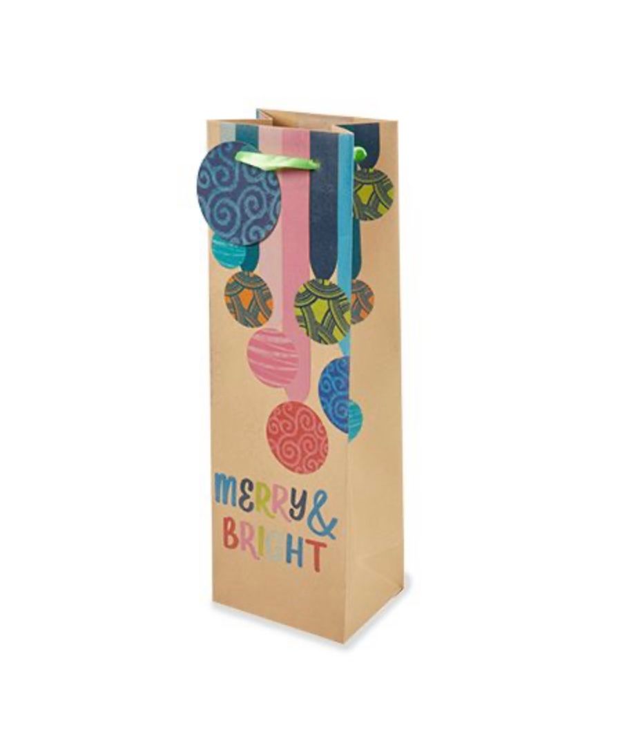 MERRY &amp; BRIGHT ORNAMENTS SINGLE BOTTLE WINE BAG