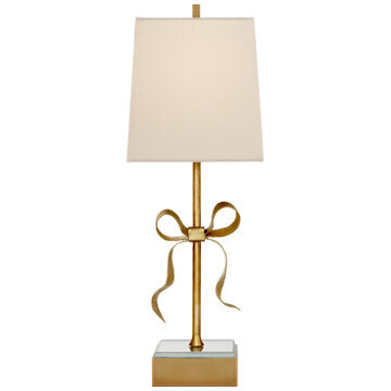 KS 3111SB-L Ellery Gros-Grain Bow Table Lamp in Soft Brass and Mirror with Cream Linen Shade