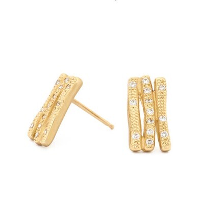 Earring- Bamboo Post earrings w/ 3 short verticle textured sticks set w/ 13x.005ct RBCs. TCW ~.13, 18k