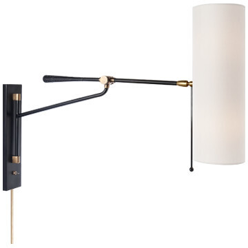 ARN 2002BLK-L Frankfort Articulating Wall Light in Black and Hand-Rubbed Antique Brass Accents with Linen Shade