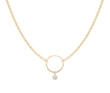 Necklace- 14k circle necklace w. 2mm bezel set white diamond (.03 ctw)