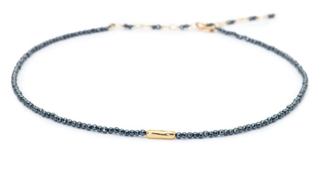 Necklace- Hematite Choker Wrap 12-15&quot; Hematite Choker, with Gold Log Bead, 18k