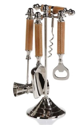 Polished Nickel and Leather Bar Tool Set