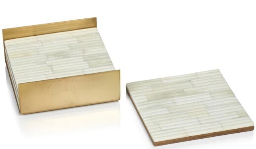 White Ribbed Bone Coasters Set of 4 in Metal Tray