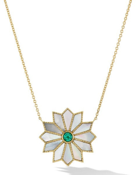 Necklace- Sacred Flower w. MOP/Emerald, 18K