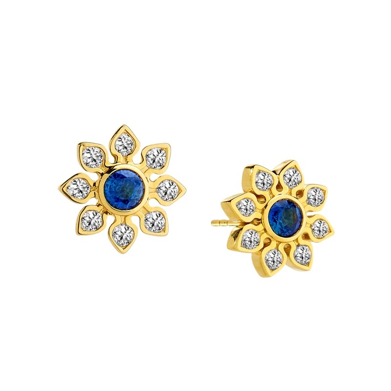 18k Mogul Flower Studs w. Sapphires .4ct &amp; diamonds .4ct