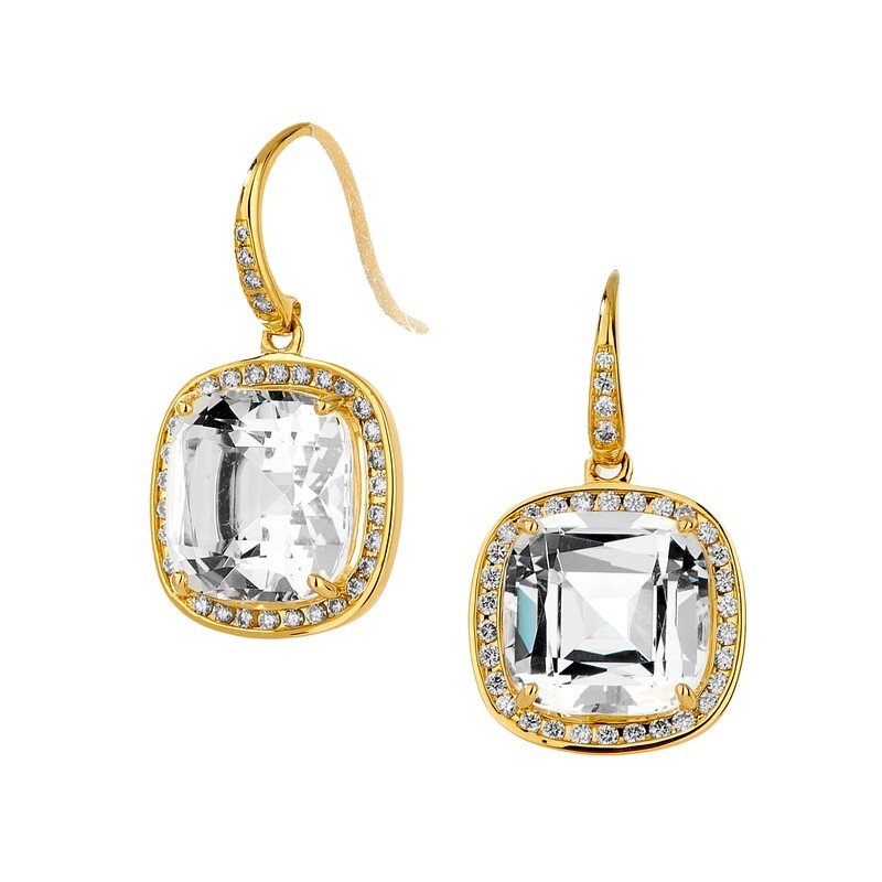 18k Mogul rock crystal 8 cts cushion cut earrings w. diamonds .4ct