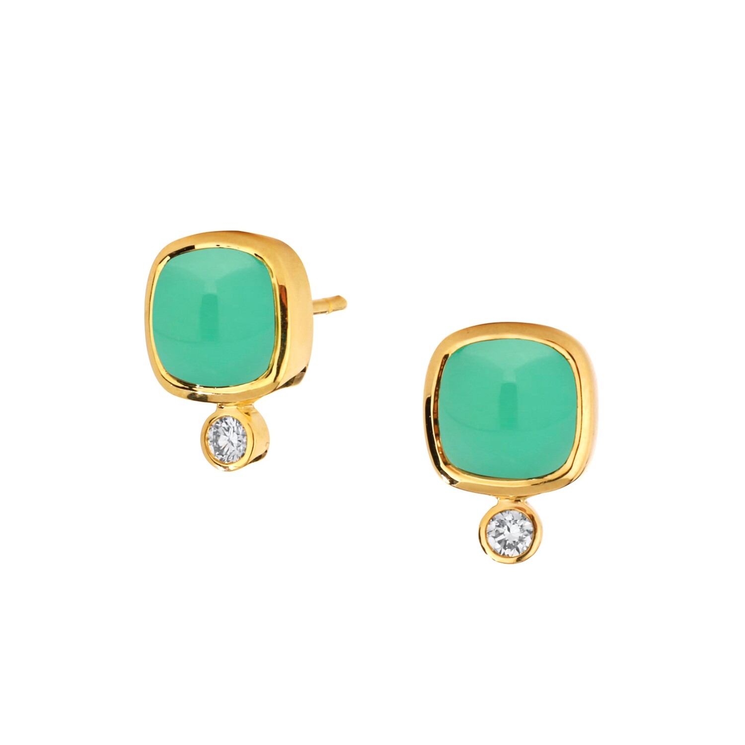 18k Chrysoprase Sugarloaf 4ct earrings w. diamonds .1ct