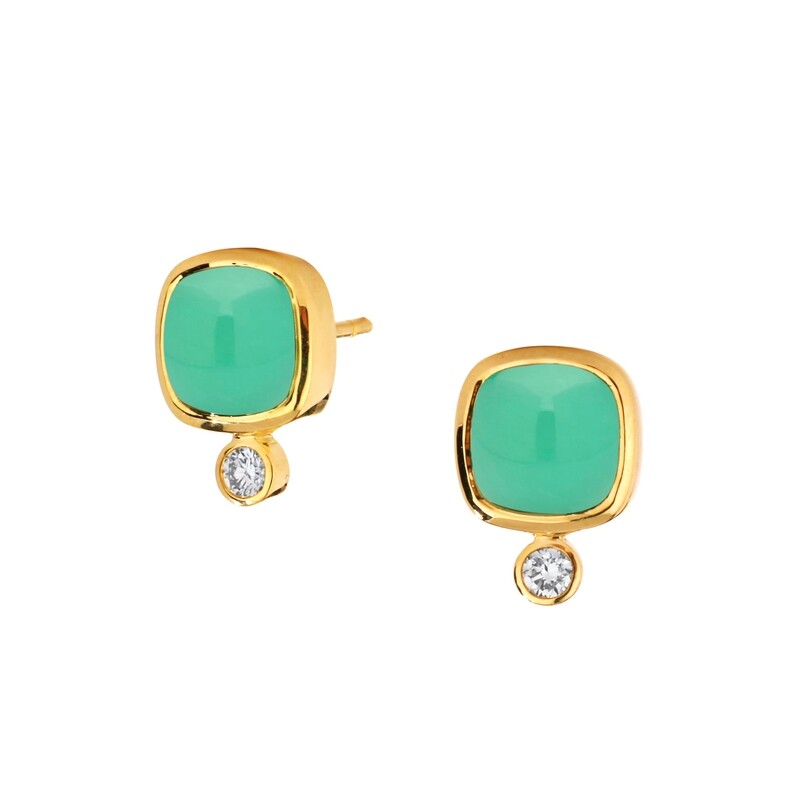 18k Chrysoprase Sugarloaf 4ct earrings w. diamonds .1ct