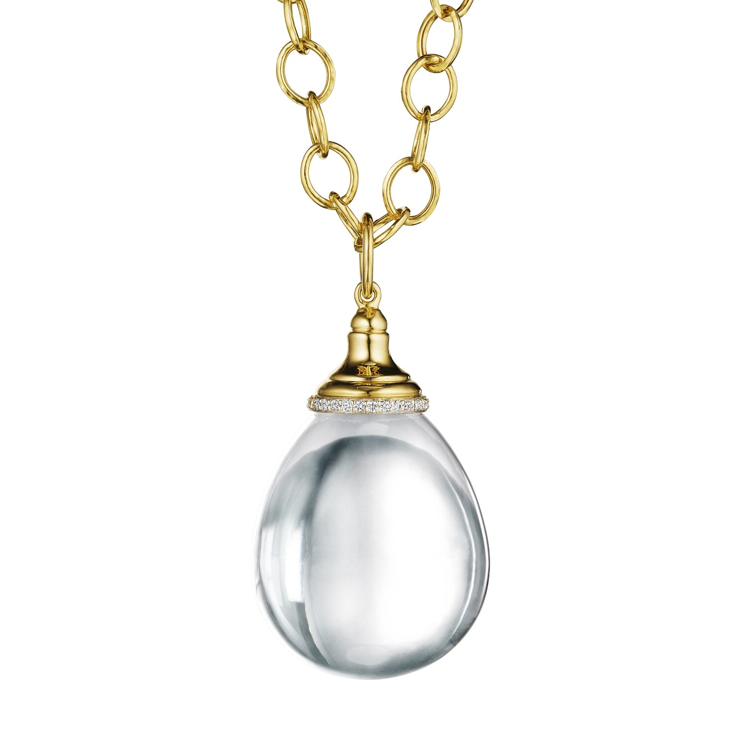 18k LG  50 cts plus rock crystal Mogul drop pendant w. diamond trim .14ct