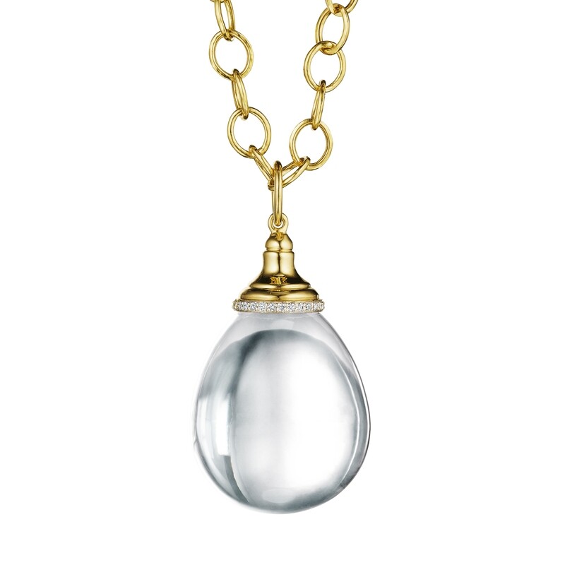 18k LG  50 cts plus rock crystal Mogul drop pendant w. diamond trim .14ct
