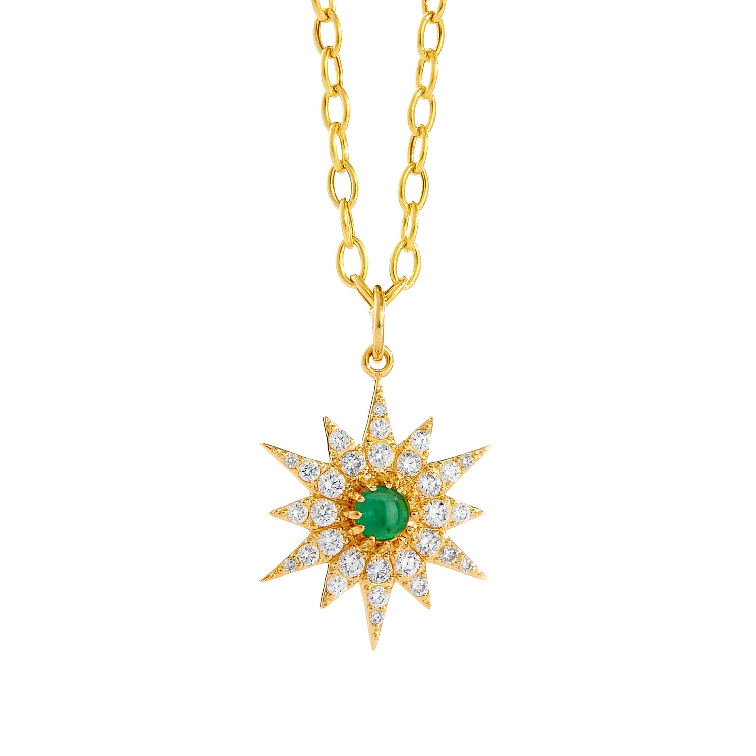 18k Cosmic starburst pendant emerald 0.25 ct,  diamonds .5ct