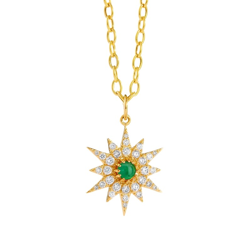 18k Cosmic starburst pendant emerald 0.25 ct,  diamonds .5ct