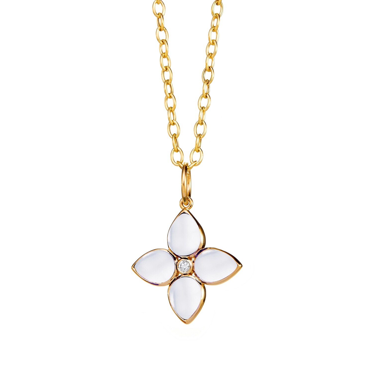 18k Jardin flower pendant w moon quartz 5 cts &amp; diamonds .04ct