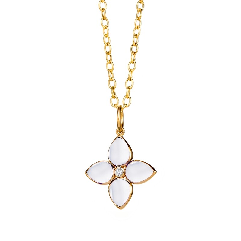 18k Jardin flower pendant w moon quartz 5 cts &amp; diamonds .04ct
