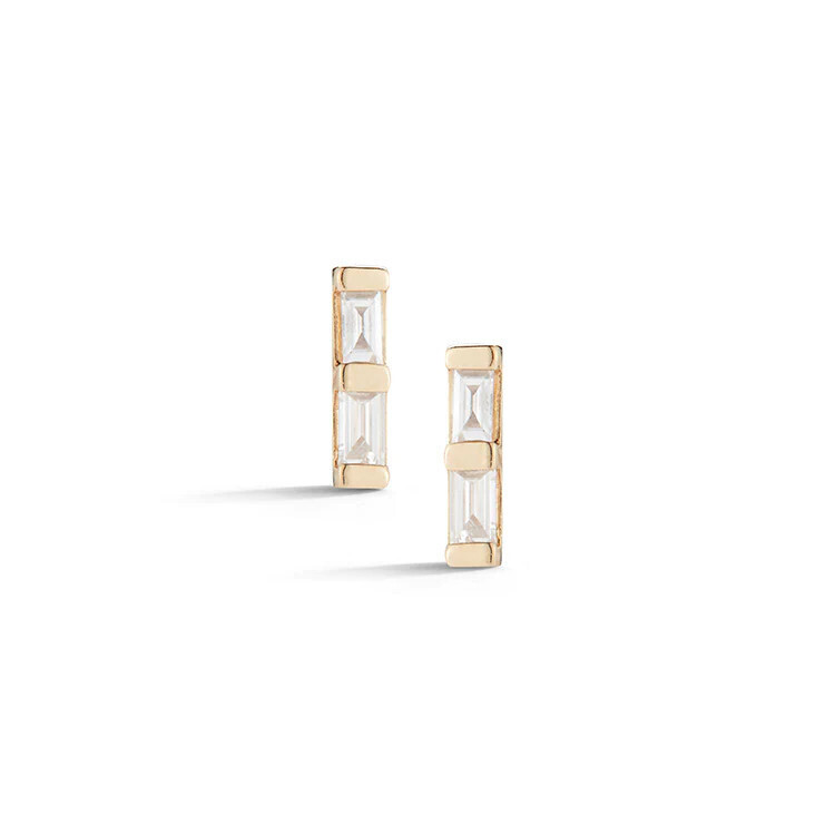 Earrings- Sadie Pearl Double Baguette Bar Studs 14k YG .08ct diamonds