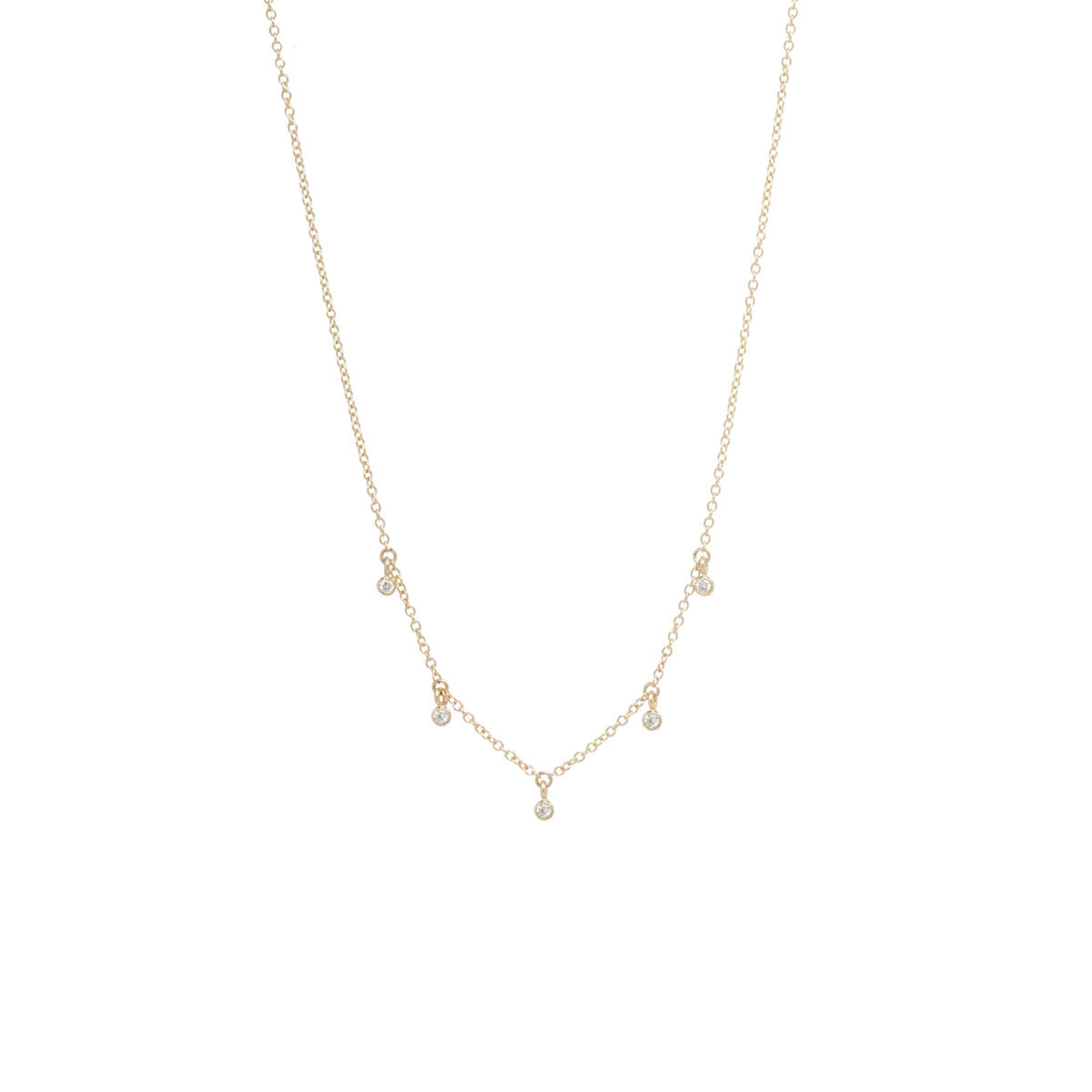 Necklace- Short Station- 14K 5 Dangling 1.5mm White Diamonds .08ctw