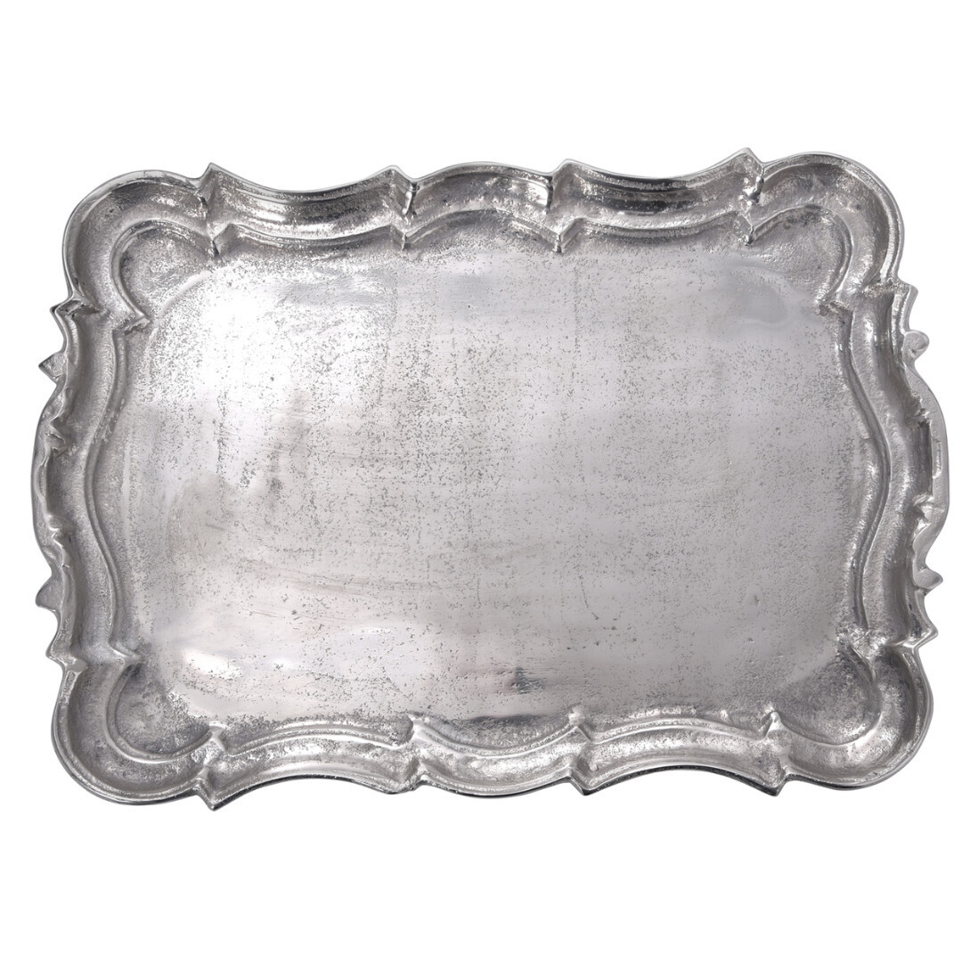 Cast Aluminum Rectangular Baroque Tray, Raw Nickel