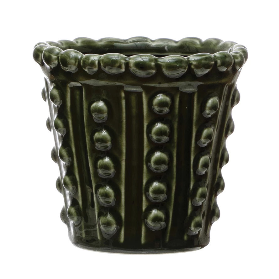 4 3/4&quot; Round Stoneware Hobmail Planter, green