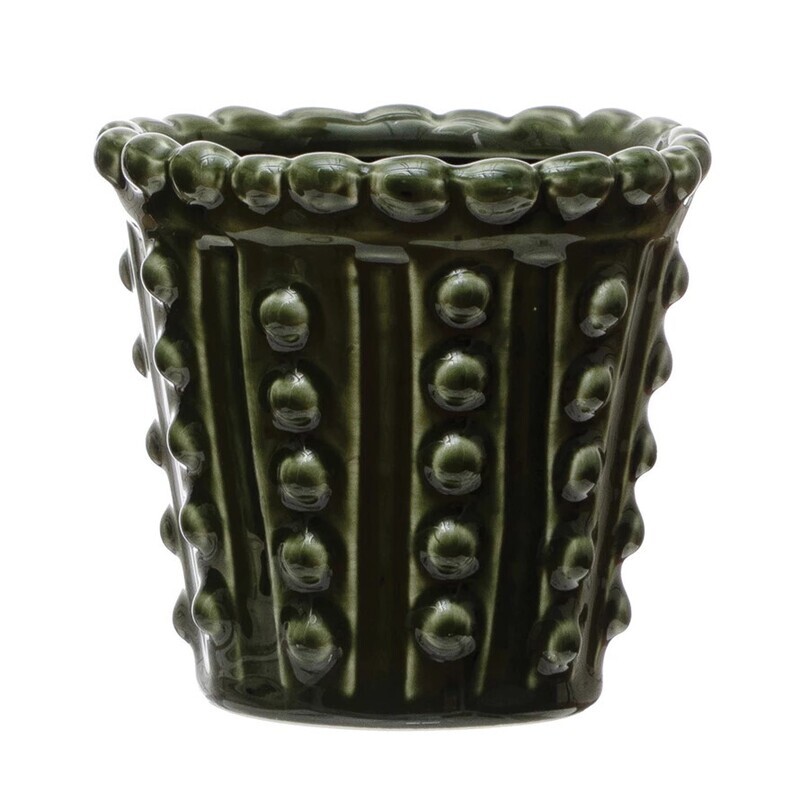 4 3/4&quot; Round Stoneware Hobmail Planter, green