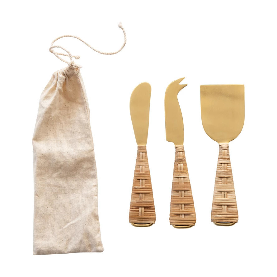 S/3 Cheese Knives w. Rattan Handles in bag