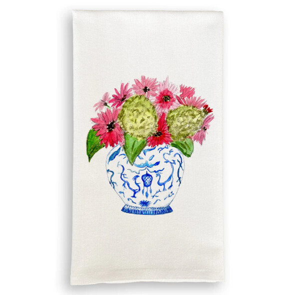 Blue &amp; White Jar w. Flowers  Tea Towel
