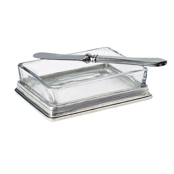 Butter/Soap Glass Pewter Dish 4x3