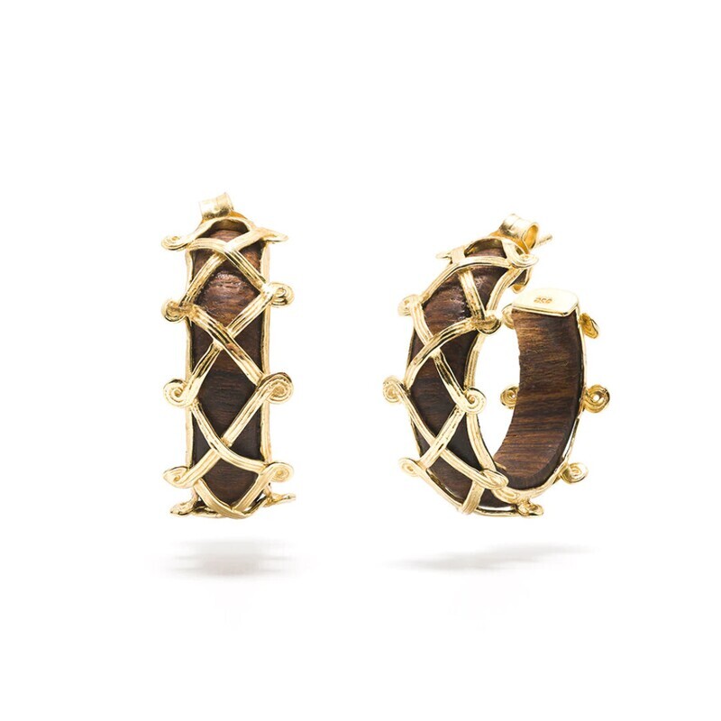 Earth Goddess Hoop Earrings, Gold w. Teak
