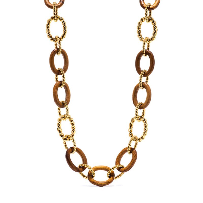 Earth Goddess 18&quot; Link Necklace, gold w. teak