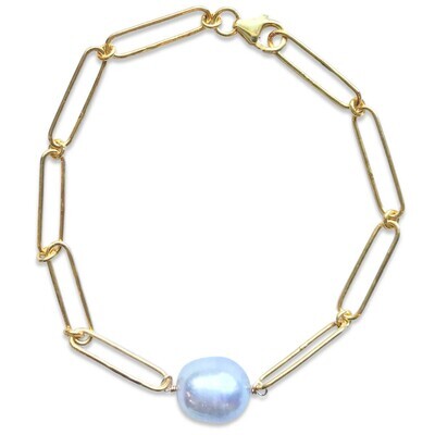 Bracelet- Paperclip chain w. Sideways Pearl, 24k GV