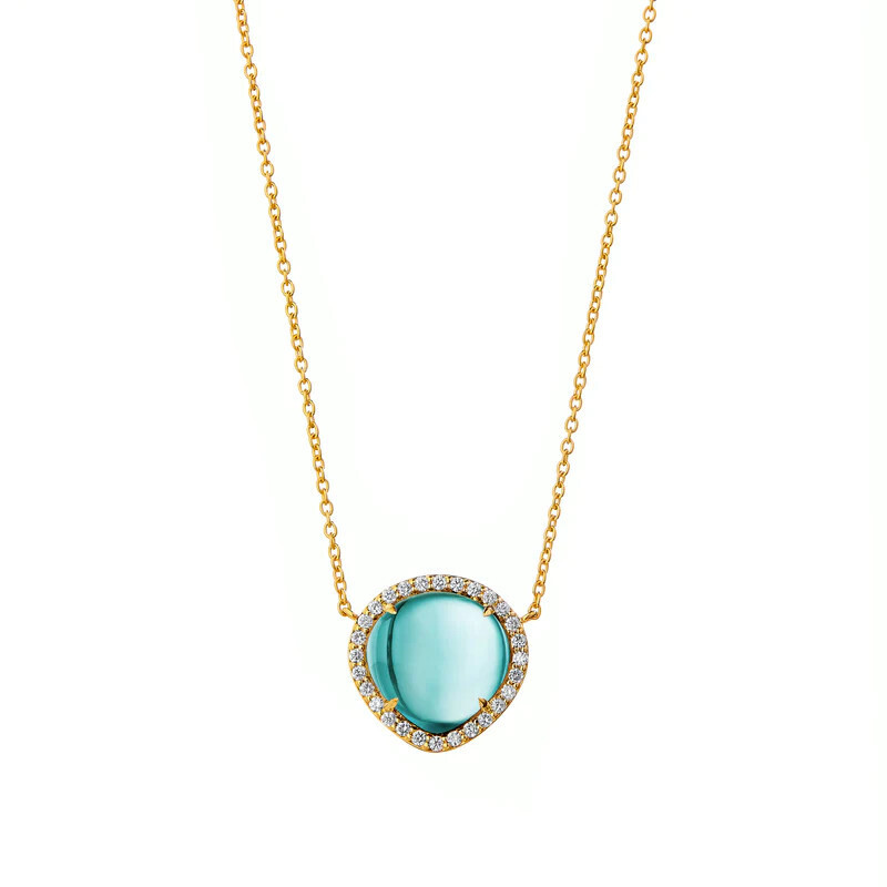 18k 18&quot; Mogul necklace w. Blue Topaz heart cab &amp; diamonds .25ct