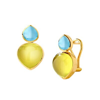 18k Mogul Earrings w. Blue Topaz, Lemon Quartz