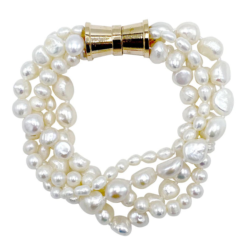 White 4-Strand Baroque Mix Bracelet (Gold)