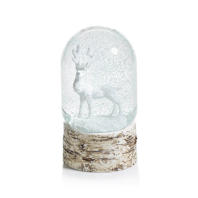 Snow globe on birch with white moose