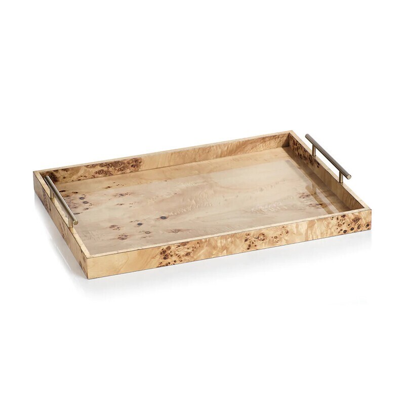 Leiden Burl Wood Rect Tray w. Gold Handles