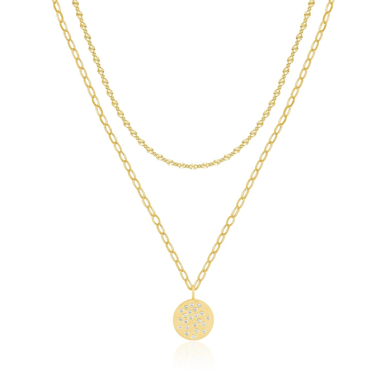 Necklace- 2 Layer Gemstone Disc, Rolo Chain