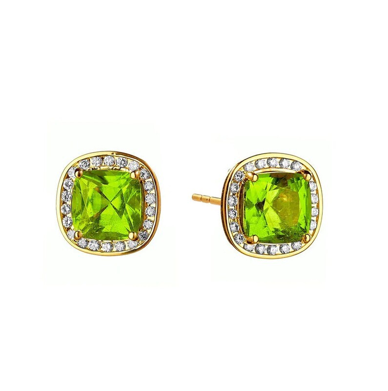 18k Mogul Peridot 4.5ct cushion Earrings. .3 ct diamonds